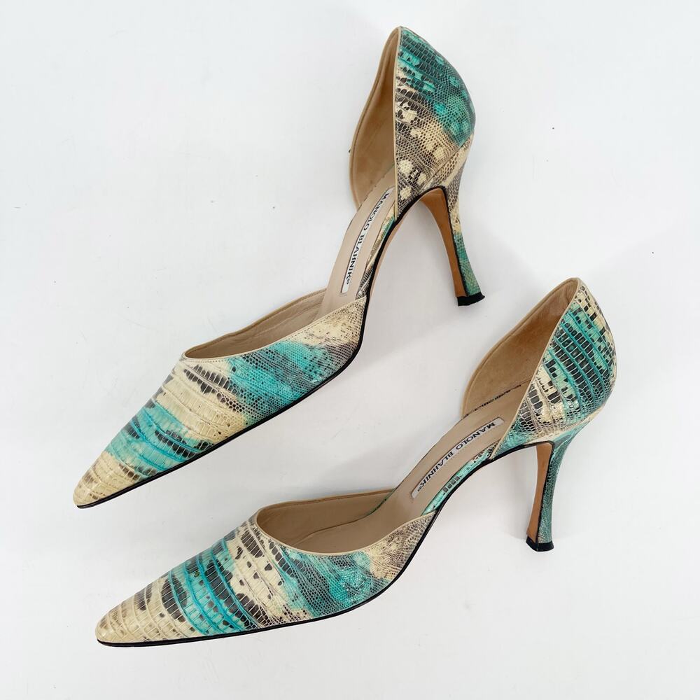 Manolo Balhnik Retro Turquoise Teju Lizard Pointed Toe D'Orsay Heel IT 39.5 - Picture 5 of 11